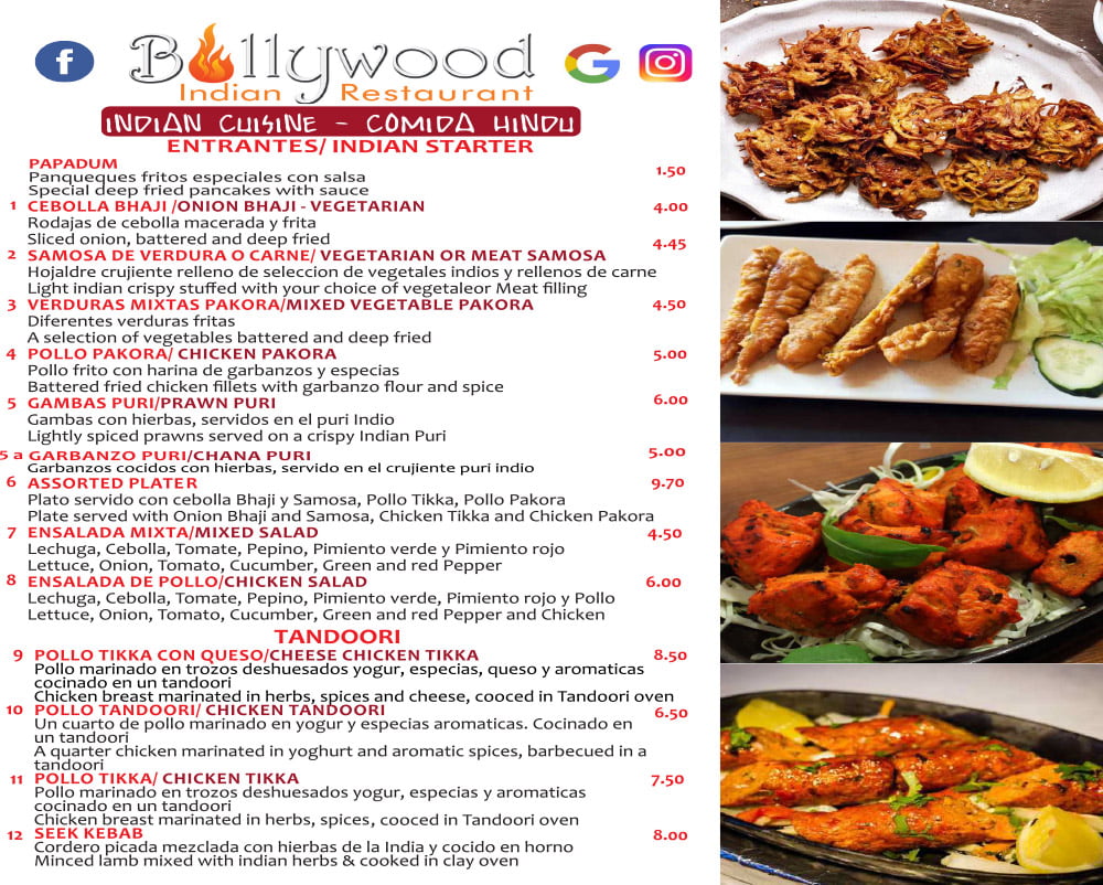 Menu Bollywood Indian Restaurant Cadiz